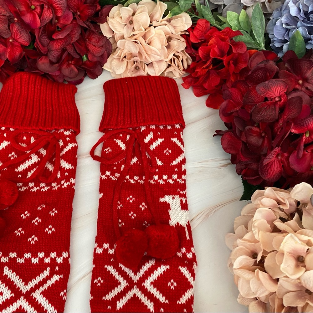 Sexy Over the Knee Red Knit Reindeer Snowflake Socks with Pom Poms - Picture 9 of 15